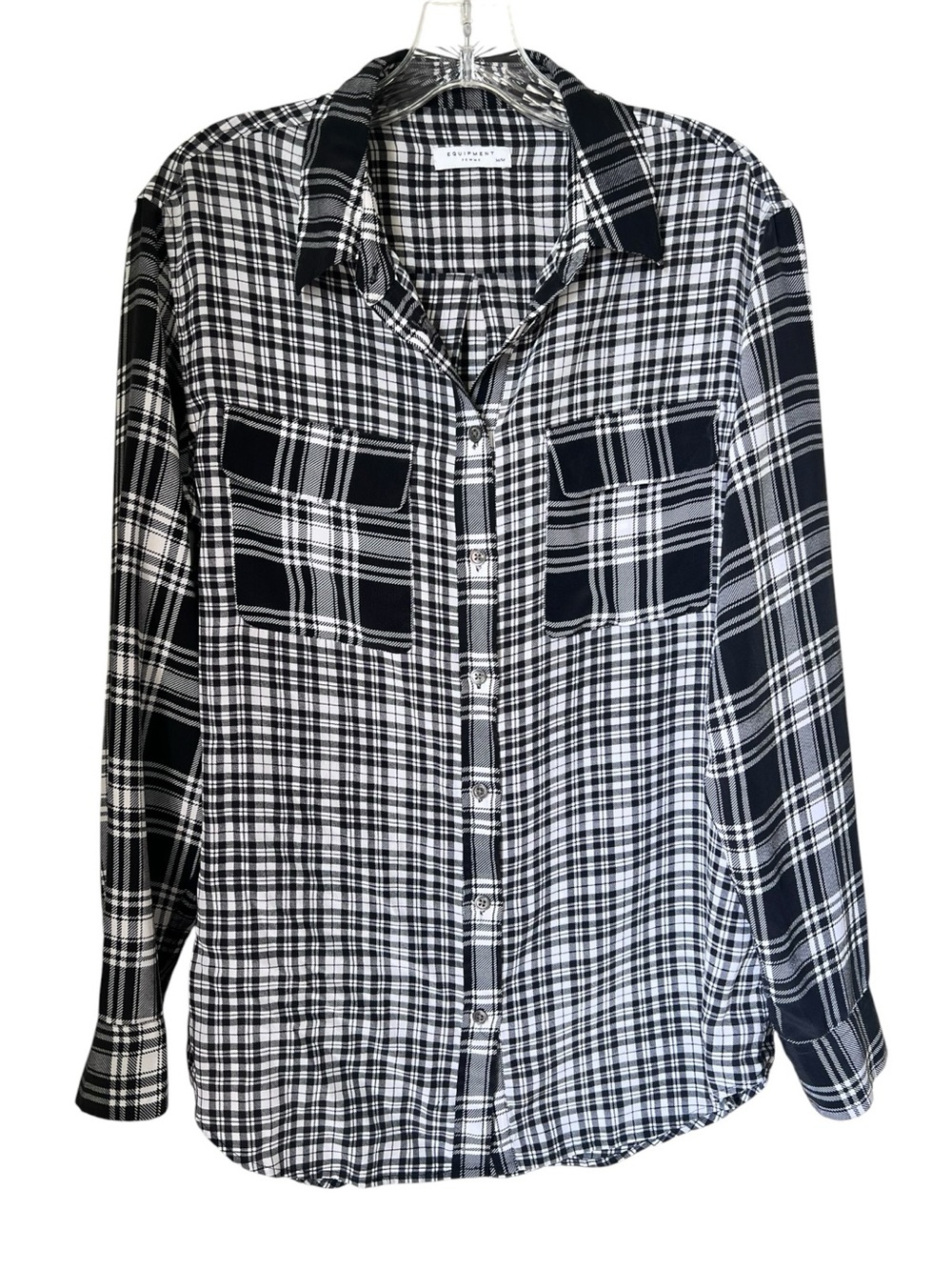Equipment Femme Black White Silk Plaid Check Classic Minimalist Chic Blouse Sz M